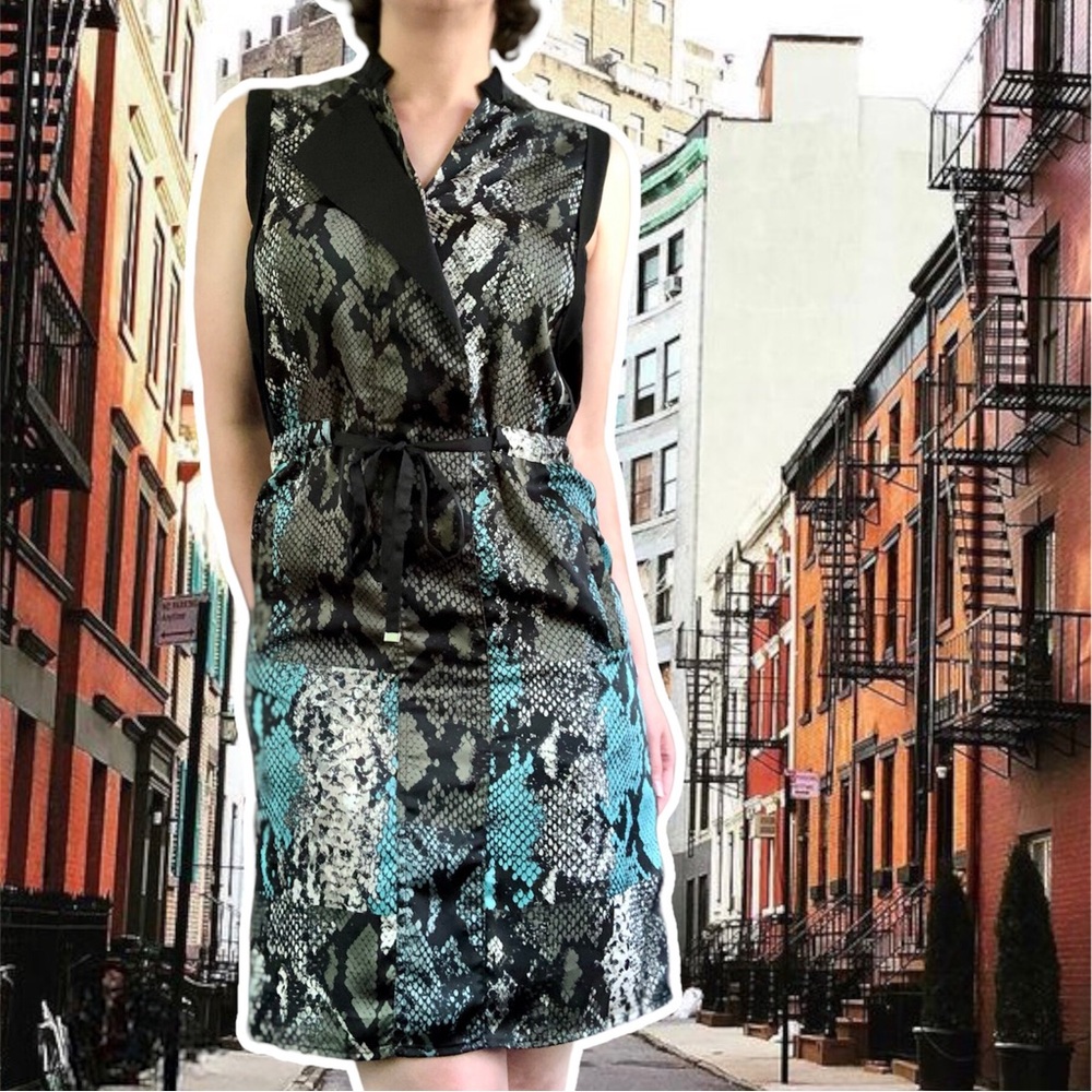 Kenneth Cole Cybergrunge Teal and Olive Green Slinky Snakeskin Dress, Size XS